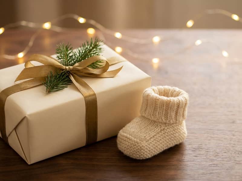 A wrapped cream gift box with a gold ribbon and pine sprig beside a knitted baby bootie, warm string lights blurred in the background on a walnut table