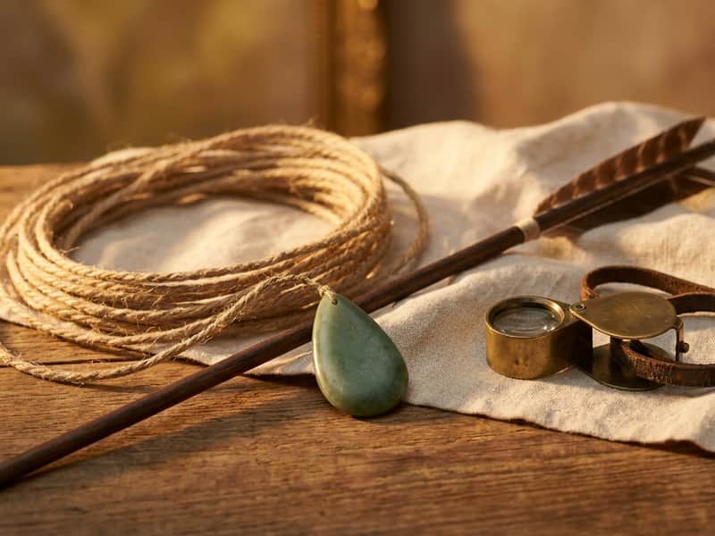 A raw teardrop of jade, a coiled bowstring, a feather-fletched arrow, a brass jeweler's loupe and a leather archer's bracer on weathered wood