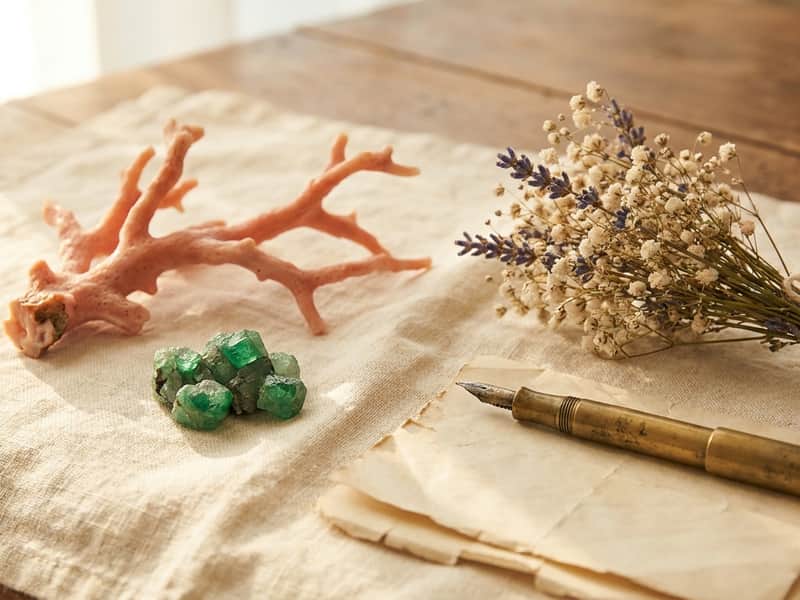 A branch of natural pink-orange coral and a cluster of raw rough emerald crystals arranged on cream linen beside dried flowers and a vintage fountain pen