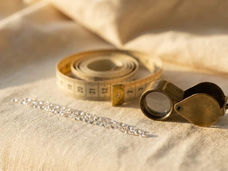 A loose line of small faceted crystal stones beside a coiled brass tape measure and an antique brass jeweler's loupe on warm linen