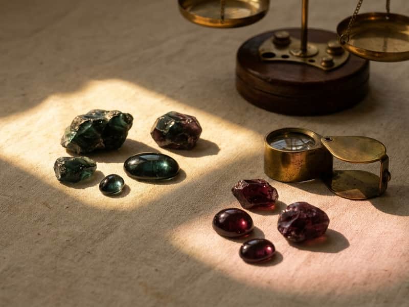 Raw and cut alexandrite gemstones showing their color-change property, green-teal in one patch of light and reddish-purple in another, beside a brass jeweler's loupe and an antique balance scale