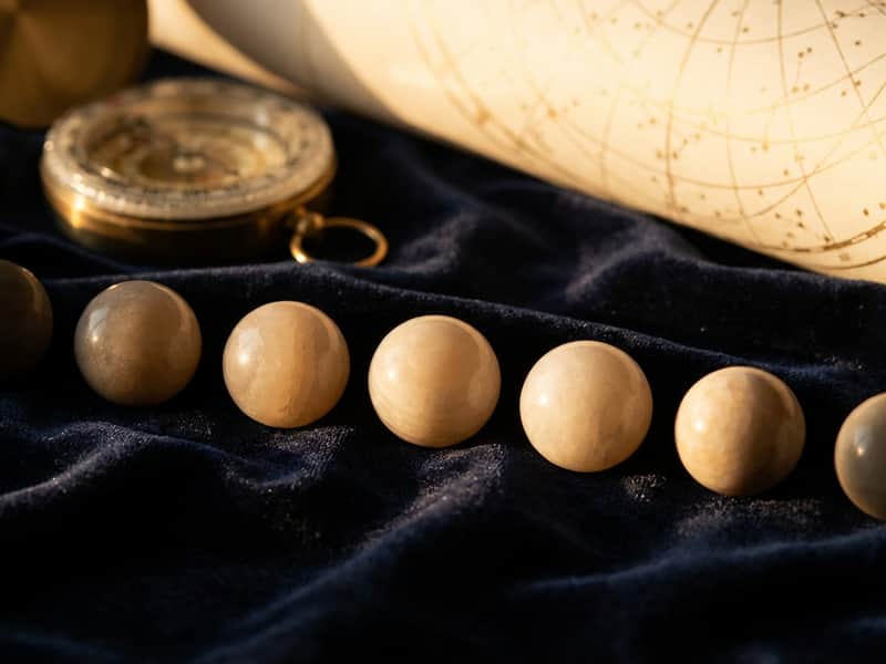 A row of small polished stone spheres arranged to show the lunar cycle from shadow to full light, beside a brass compass and star chart on dark navy velvet
