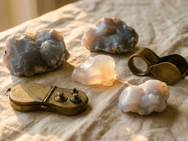 Raw and polished blue-grey chalcedony mineral specimens on aged linen beside a brass jeweler's loupe and an antique pocket scale, warm golden-hour light