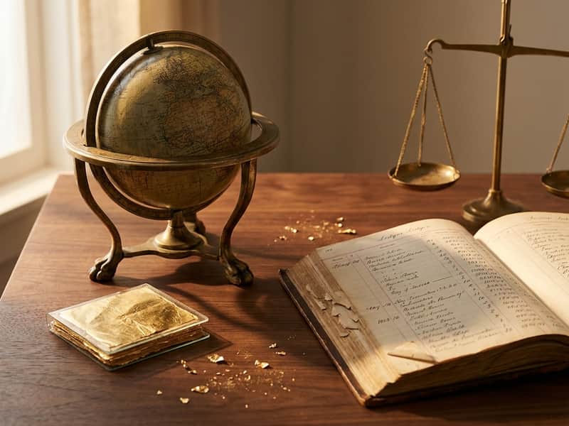 Editorial still life of a small antique brass globe, a stack of gold leaf sheets, and an open ledger book beside a brass balance scale on dark wood