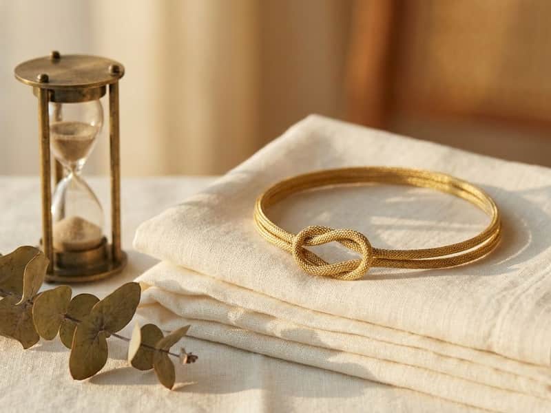 A single gold cord tied into an unbroken circle resting on folded ivory linen beside an antique brass hourglass and a sprig of dried eucalyptus, warm golden-hour light
