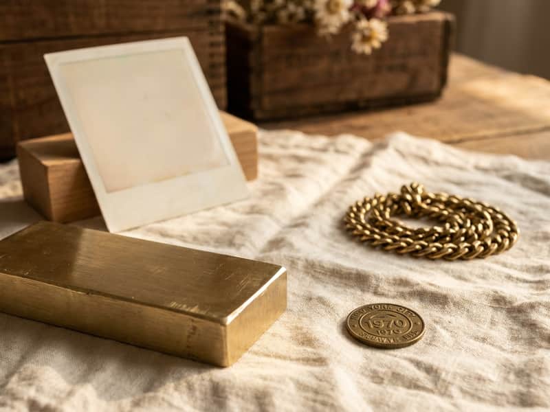 A raw brass bar, a blank instant photograph, a vintage subway token, and a coiled curb-link chain arranged on warm linen