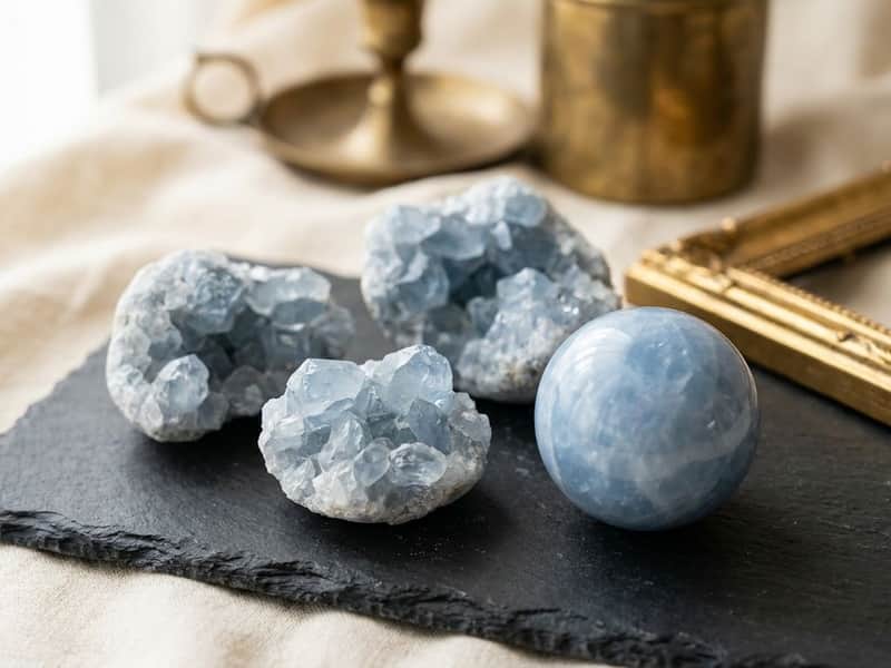 Raw pale blue calcite crystal clusters and a polished blue calcite sphere on dark slate